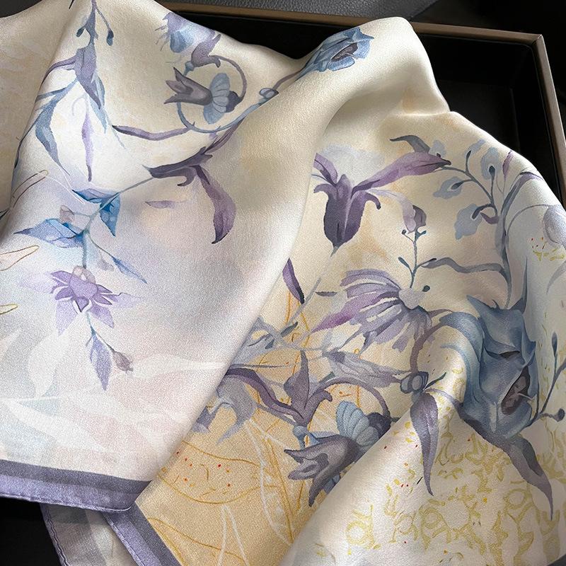 Pure Silk Scarf Women Elegant Floral Printed Small Square Neck Kerchief Bandana Female Echarpe Luxury Hairbands  Spring