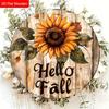 Hello Fall Sunflower Round Wooden Hanging Sign, Autumn Door Wall Decor