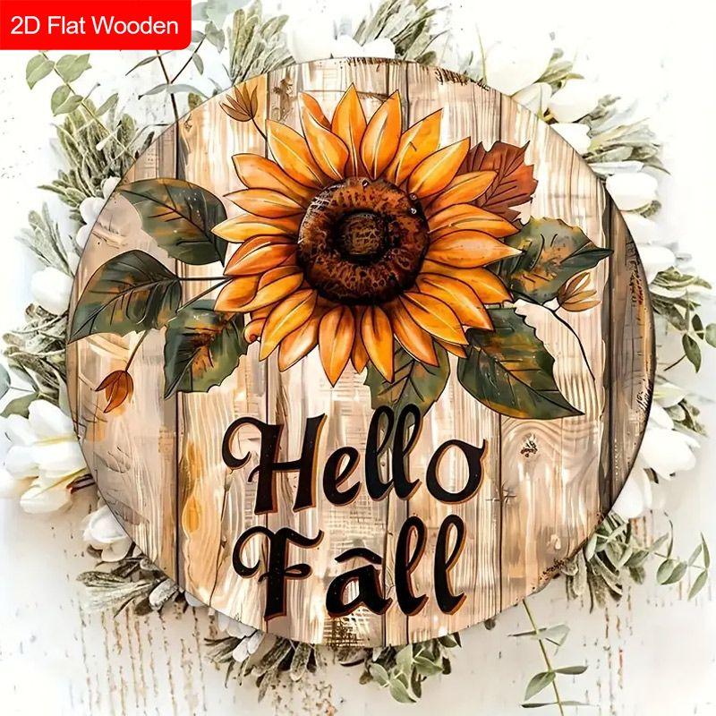 Hello Fall Sunflower Round Wooden Hanging Sign, Autumn Door Wall Decor