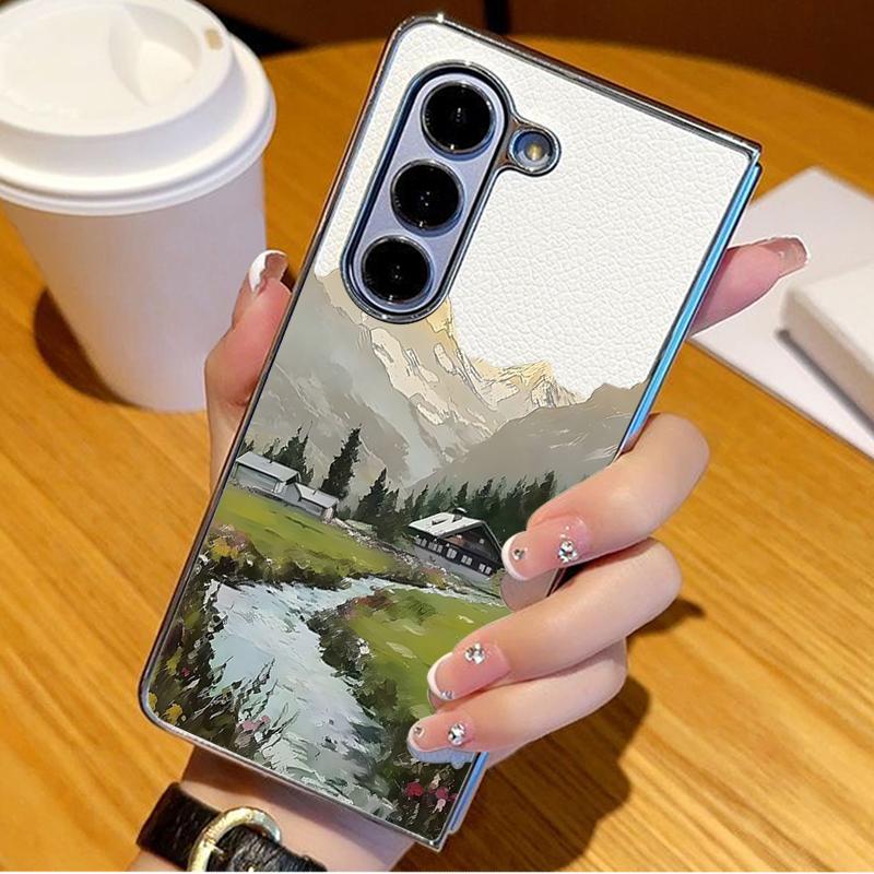 Mountain Valley Camping Art Case For Samsung Galaxy Z Fold 8 Ultra 7 6 5 4 Z Fold8 Fold7 Fold6 Fold5 Luxury Plating Leather Skin Phone Cover
