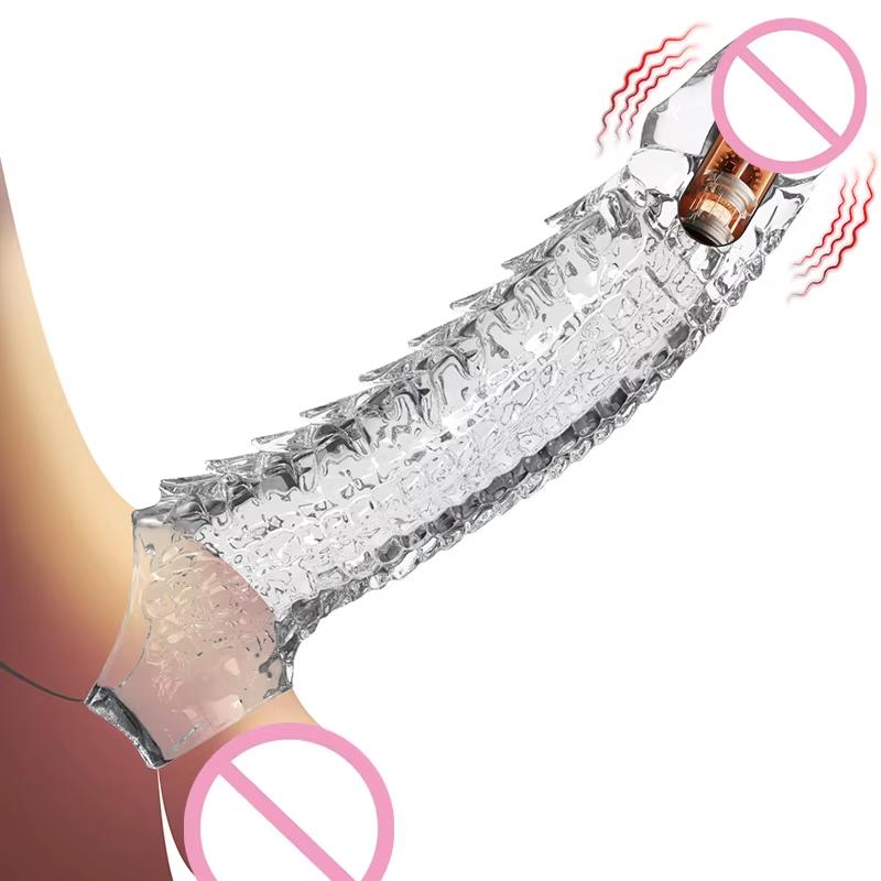 Rękaw na penisa Ultra-miękki Wielokrotnego użytku Pierścień wibrator kulkowy Przezroczysty Pierścień na penisa Przedłużacz Powiększalnik dla Par Mężczyzn Wibrujące dildo Zabawki erotyczne