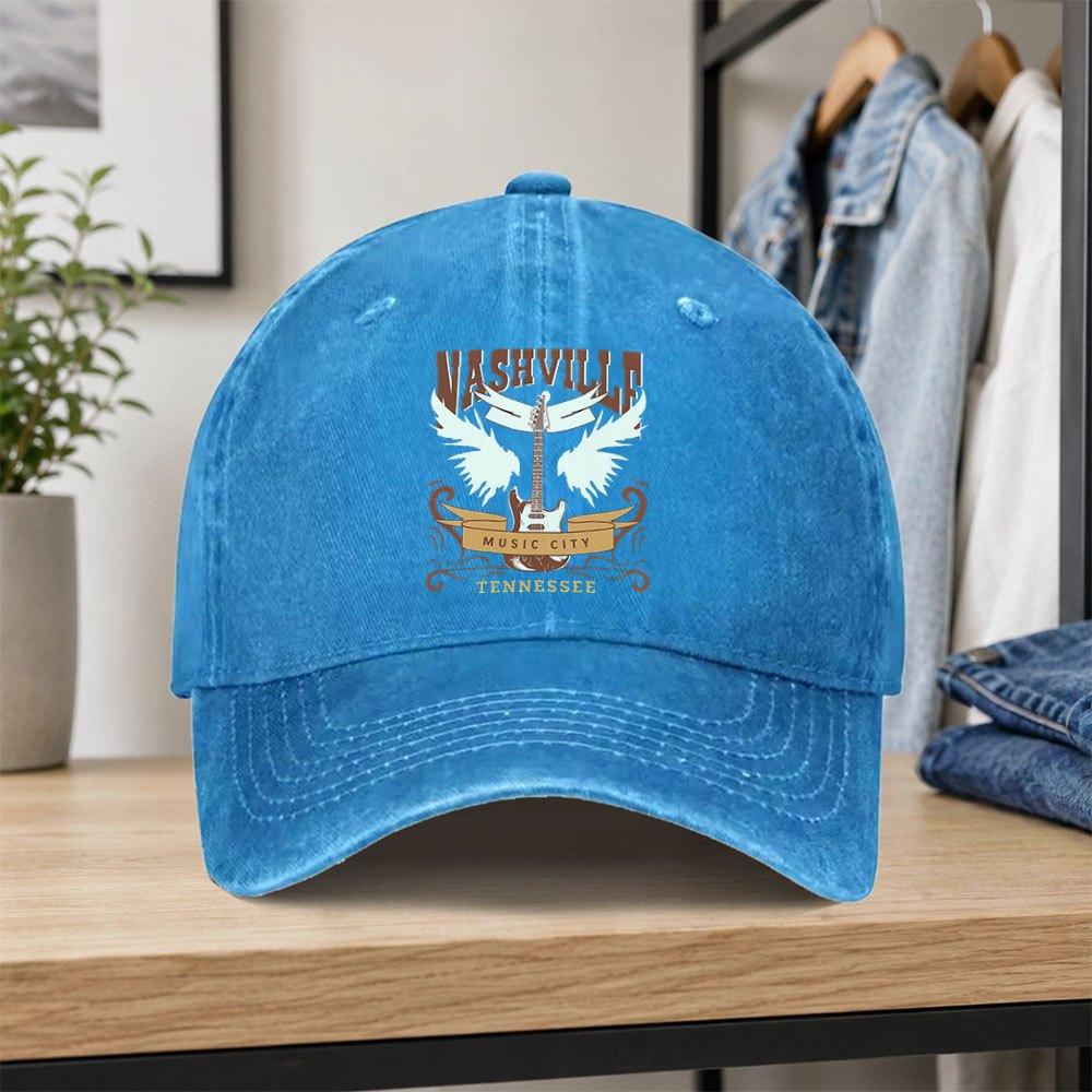 Nashville Music City Retro Guitar Distressed Baseball Cap Unisex Adjustable Duckbill Hat for Outdoor Daily Wear