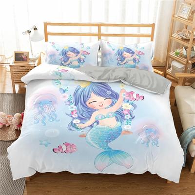 Meerjungfrau Bettbezug King Queen Niedlich Cartoon Märchen Meereskreatur Bettwäsche Set Fischschuppen Mädchenhaft 2/3tlg. Polyester Steppdeckenbezug