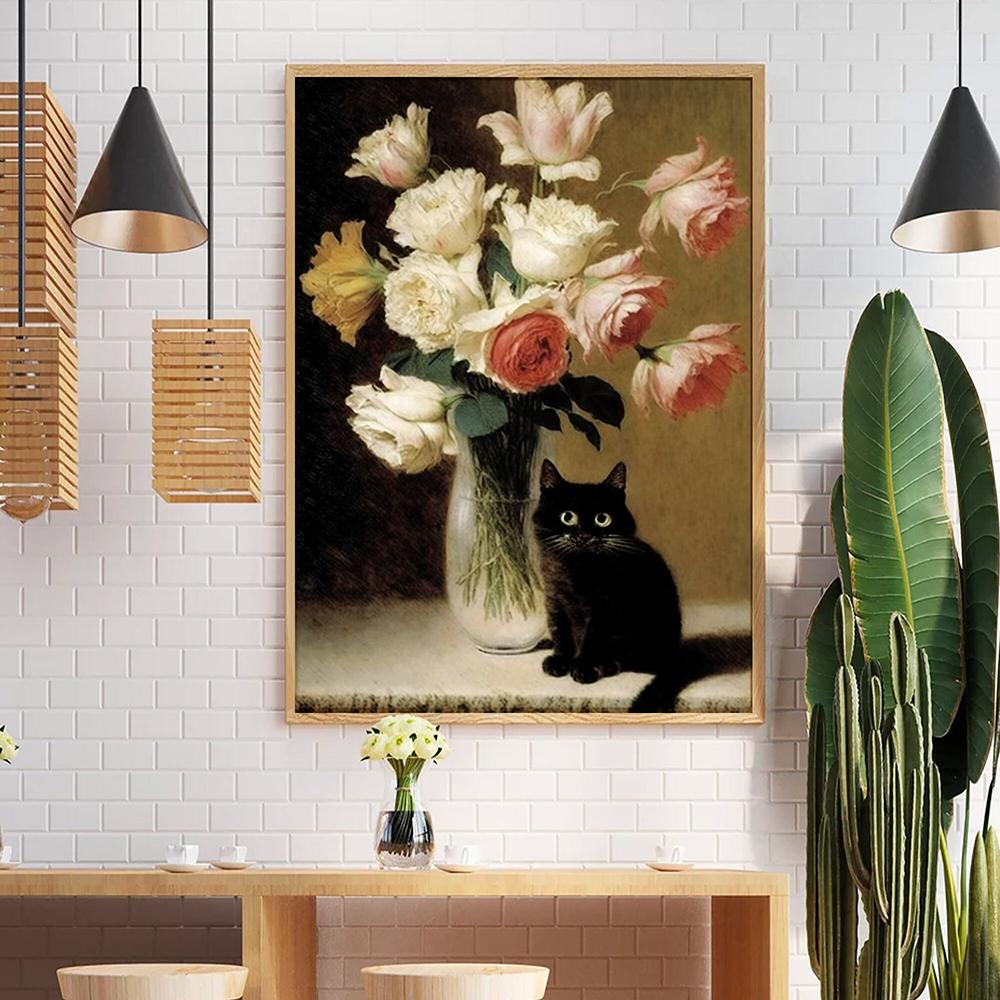 Vintage Colorful Gustav Klimt Matisse Black Cat Garden Poster Canvas Painting for Living Room Home Wall Art Decorative Cuadros