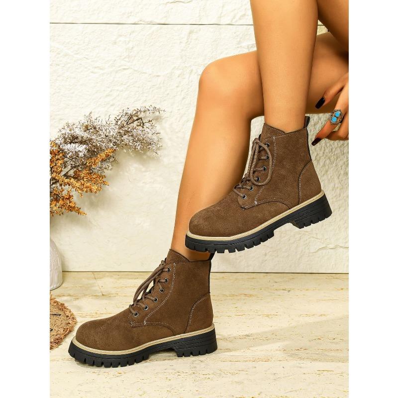 Round Toe Booties 2025 Winter New Lace-up British Style Plus Size Platform Martin Boots for Women