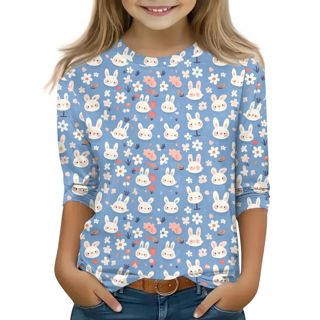 Print Tops For Youth Girls Round Neck 3/4 Sleeves T-Shirts Trendy Tops Outfit Tees
