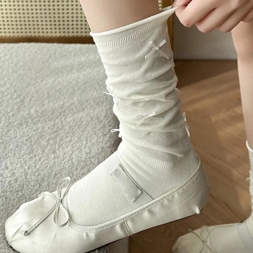 Women's Stockings High Quality Modern New Simple Cute Japanese Style Long Women Socks Mesh Bow Sweet Knee High Socks Thin White