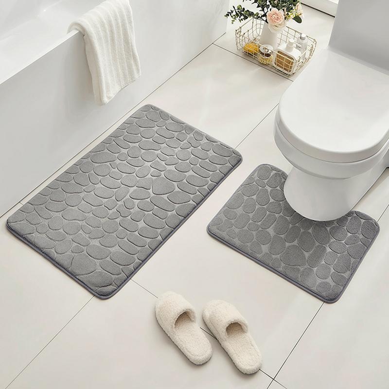 Non-Slip 50*80cm Bath Mat and 50*40cm Toilet Mat Bathroom Rug Set Soft Bath Mat with Cobblestone Pattern Washable Bath Mats