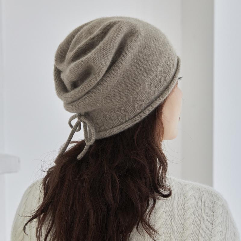 Cashmere autumn and winter new warm knitted drawstring stacking hat ear protector wool bag head cold hat