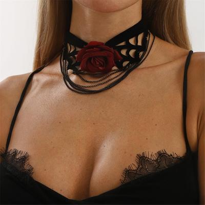 Halloween Velvety Layering Fringe Necklace With Spiderweb Charm Gothic Party Jewelry For Women