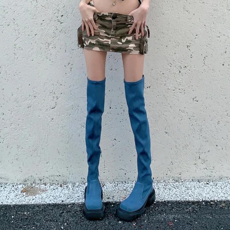 

Autumn and winter new elastic knee boots women s denim boots do not drop the tube high heel thin sugar cube blue boots 35
