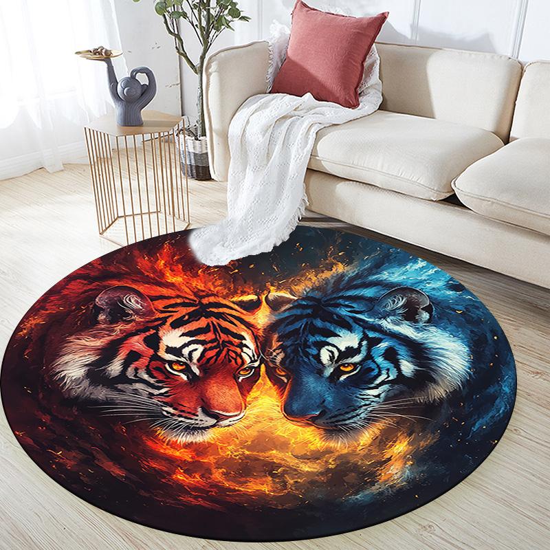 Yin Yang Tigers Round Area Rug,Carpet Rug for Living Room Bedroom Sofa Playroom Decor,Non-slip Floor Mat