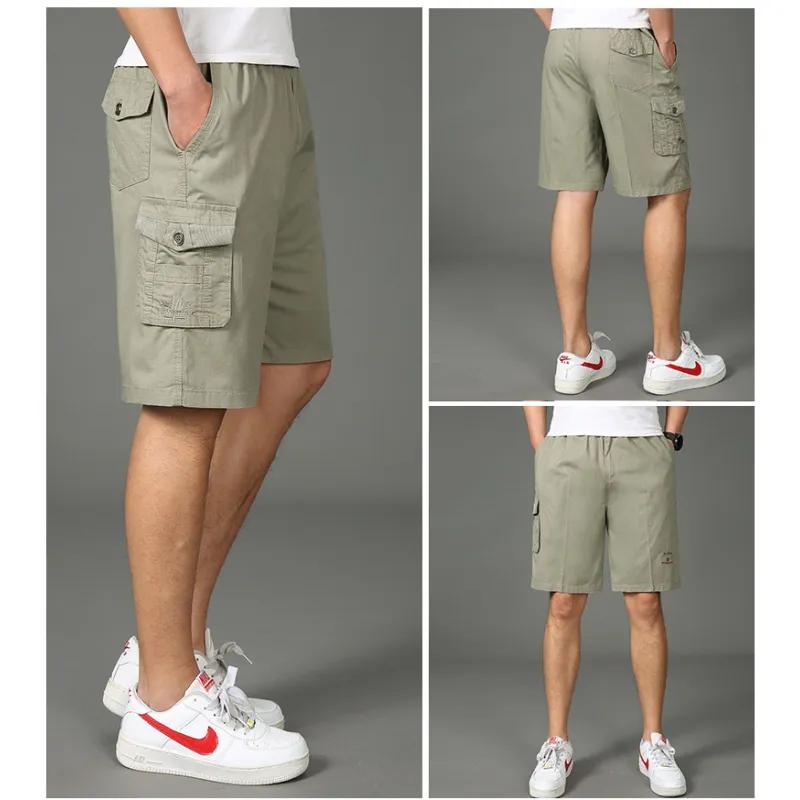 Men'S Plus Size Casual Shorts Summer Pure Cotton Cargo Shorts Multi-Pocket Loose Breathable Knee-Length Beach Shorts