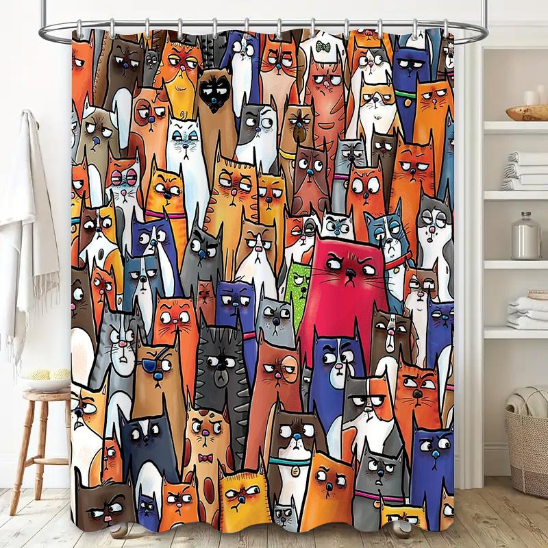 Cat Shower Curtain Cute Funny Pet Animal Pattern Bathroom Decor Waterproof Liner Vintage Home Decor Gift Idea Novelty Washable F