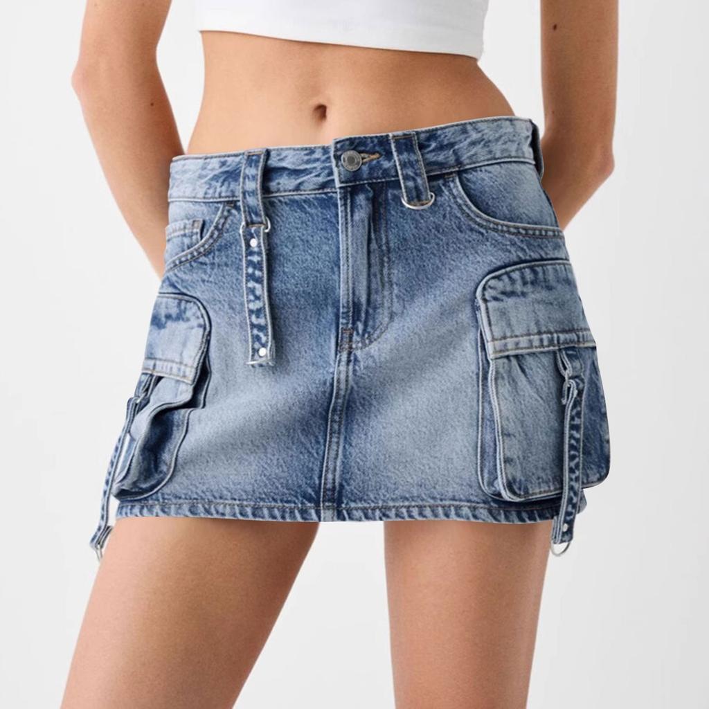 Women Denim Cargo Skirt Low Waist Button Bodycon Flap Pockets Skirts