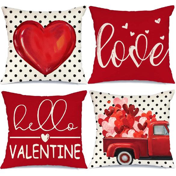 GEEORY Valentines Day Pillow Covers 18x18 Set of 4 Valentines Day Decor Polka Dot Red Love Heart Truck Hello Valentine Pillows Decorative Throw