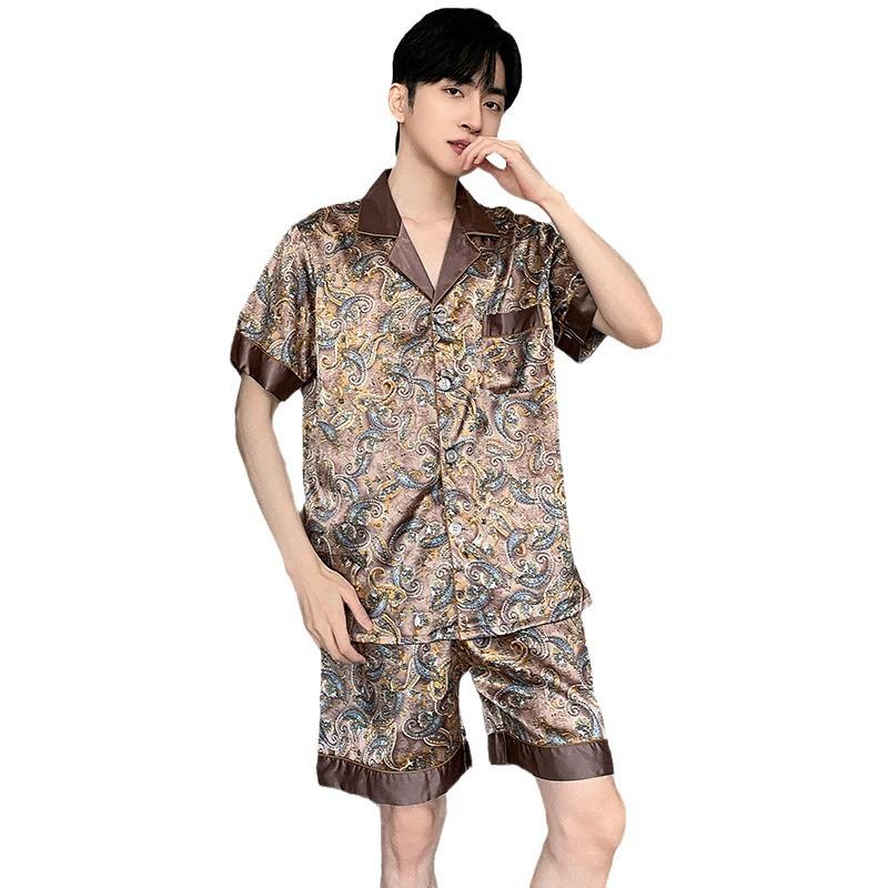 Men Long Sleepwear Pajamas Trousers Sleeve Short Sleeve Shorts Men Pijama Sleep Printed Silk Satin Pajamas For Men Sets