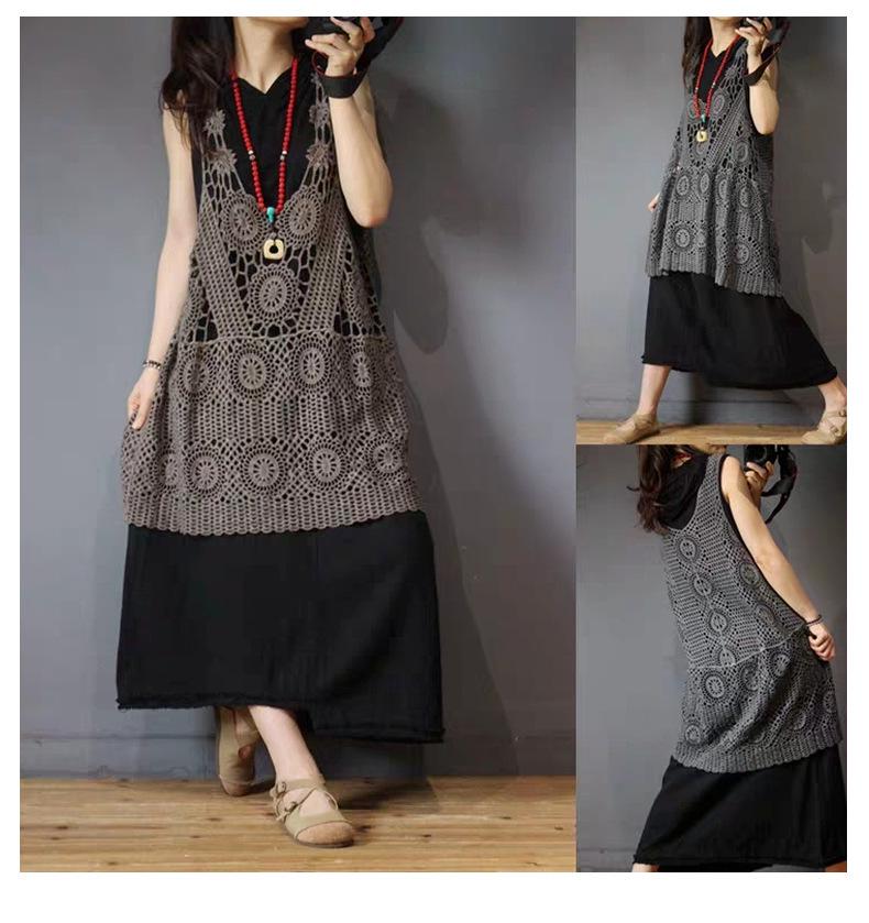 Women's Long Crochet Khaki Vest - Retro Loose Summer Waistcoat