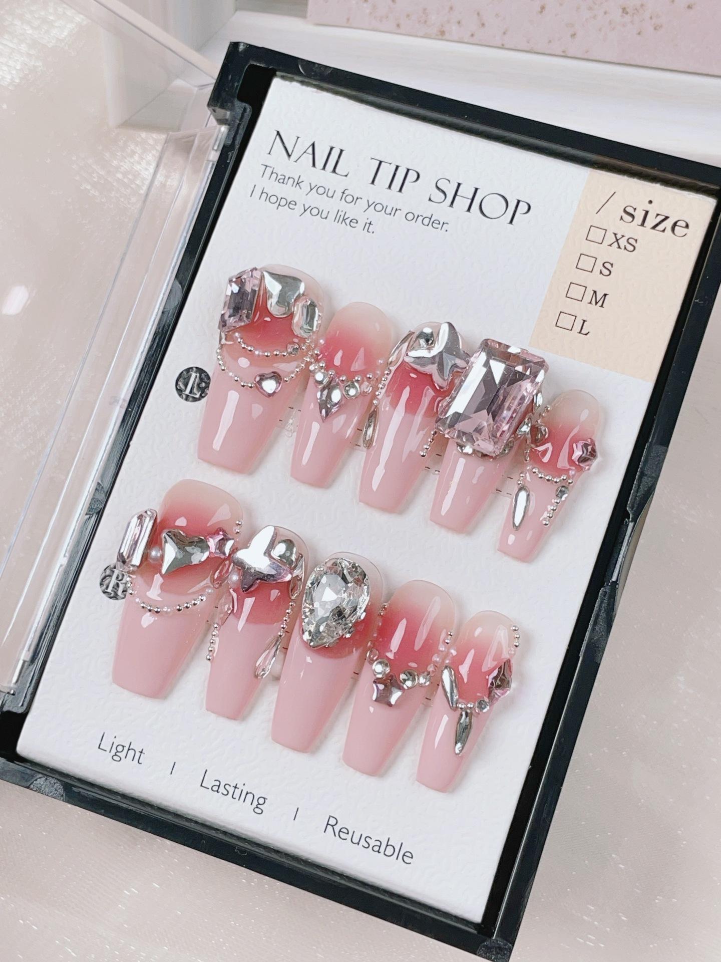 

10 шт./набор чисто ручной работы, накладные ногти, французские наклейки для ногтей, тяжелая работа, полные алмазные накладные ногти M