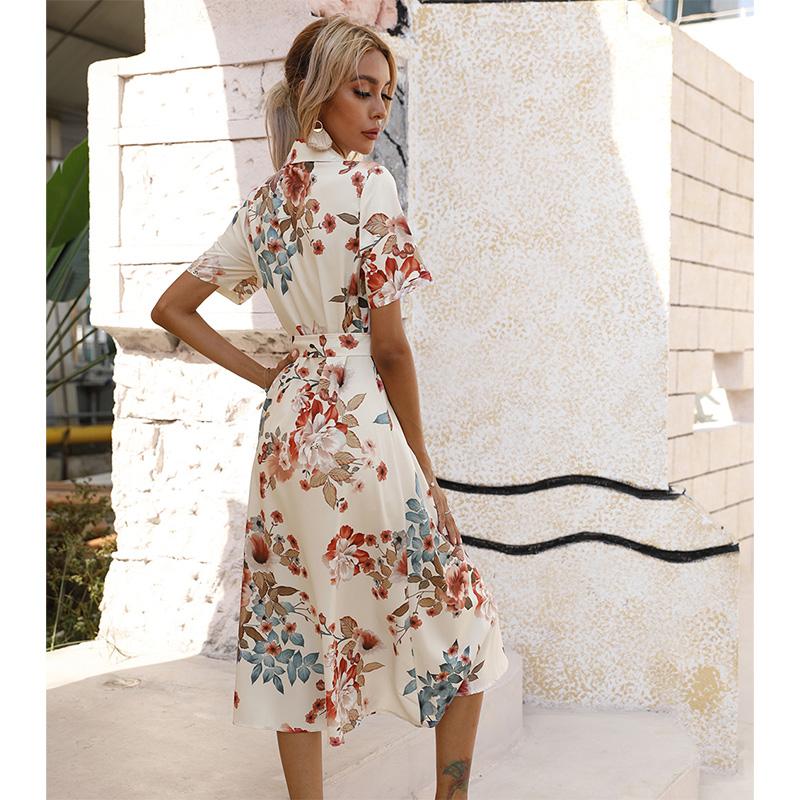 Women's Button Front Floral Short Sleeve Dress Waist Belt A-Line Casual Summer Midi
