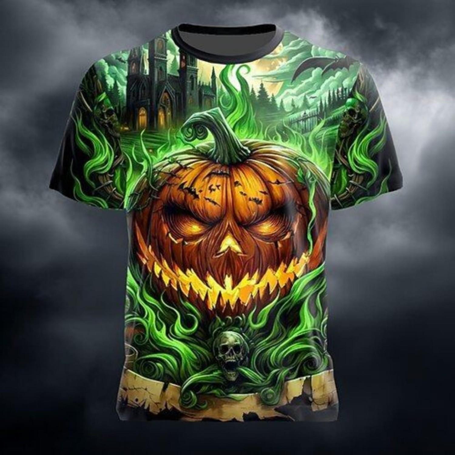 3D Halloween Pumpkin Skull T-Shirt Spooky Graphic Tee1 L
