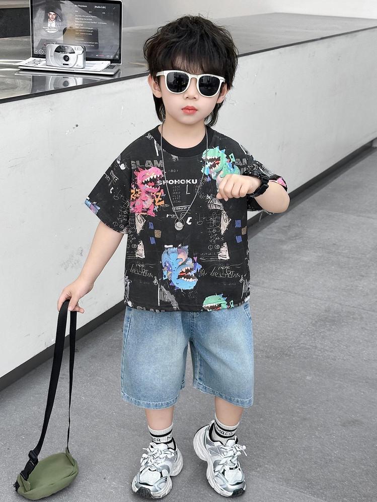 2026 Boys' Korean Style Summer Set: Colorful Dinosaur Print Tee & Denim Shorts