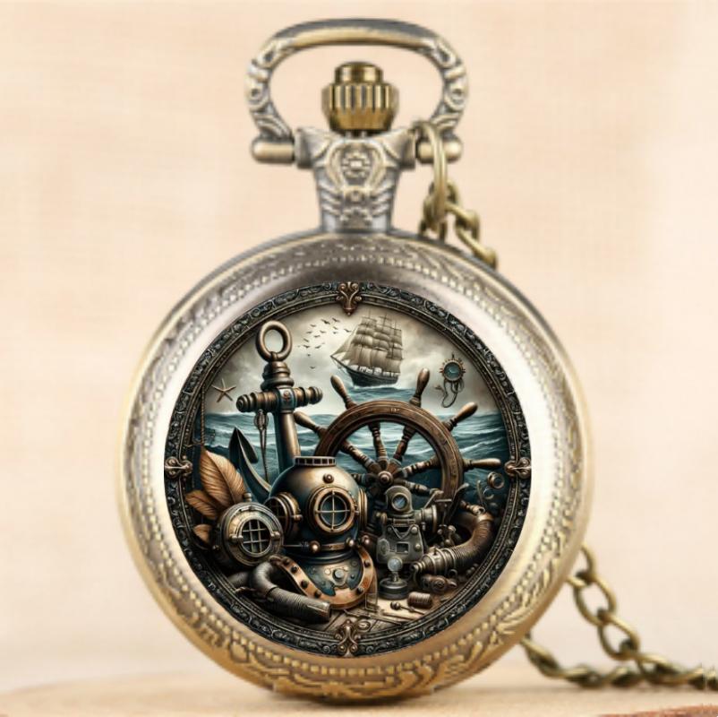 Vintage Unique Nautical Sailboat Anchor Design Quartz Pocket Watch , With Chain Necklace Pendant,Great  Gift for Kids Male Men