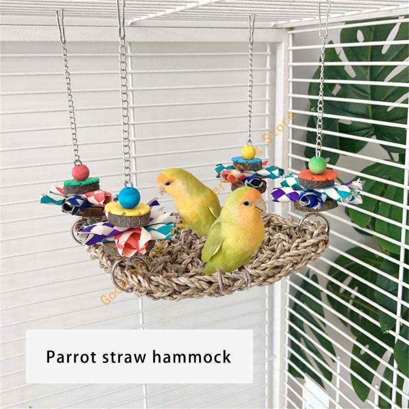 Multiuse Bird Exercise Hammock For Cockatiels Budgies Woven Straw Chewing Toy 55KF