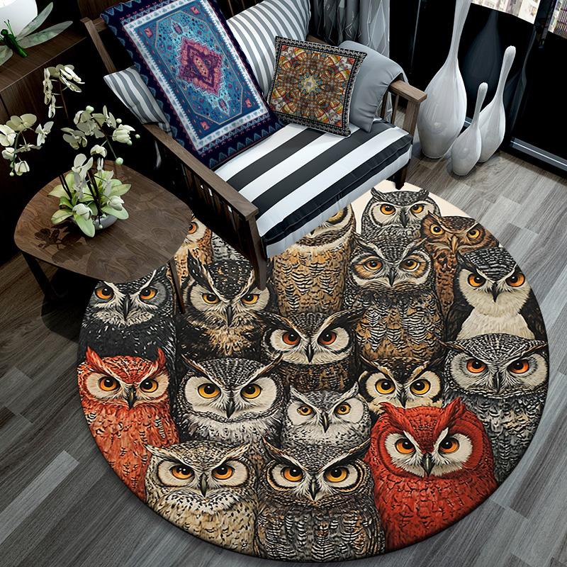 Owl Collage Round Area Rug,Carpet Rug for Living Room Bedroom Sofa Playroom Decor,Non-slip Floor Mat