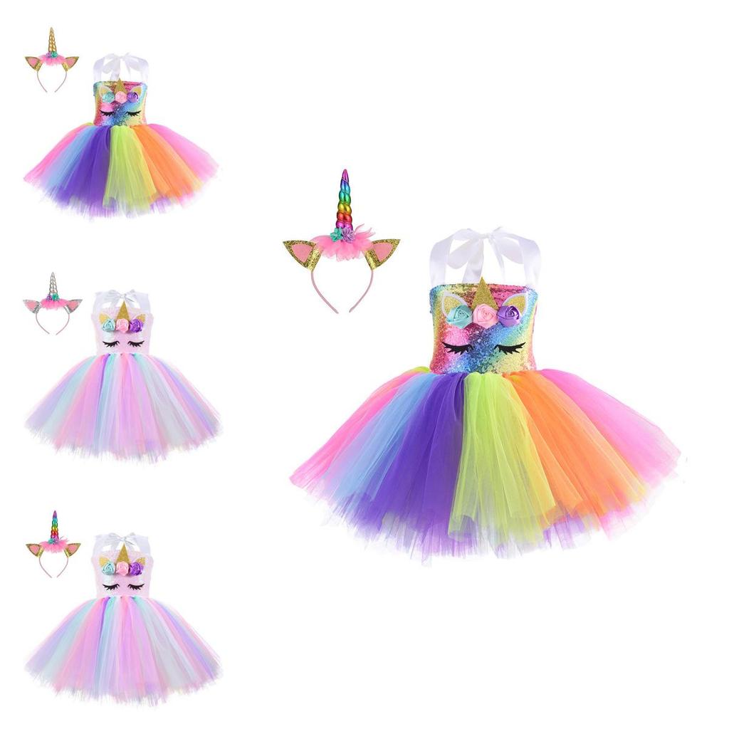 Unicorn Cosplay Girls Dress With Rainbow Pattern For Halloween Party