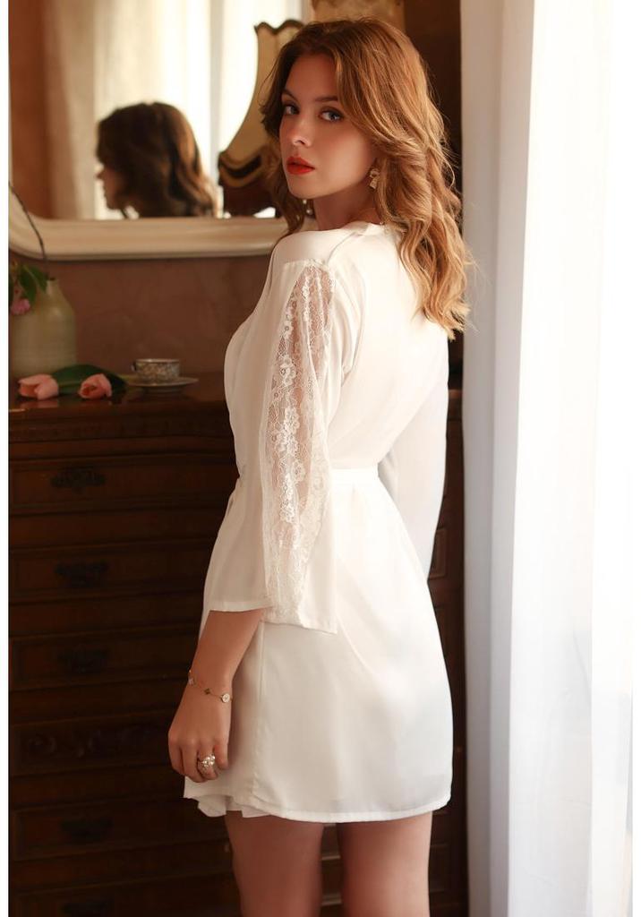 Elegant Lace Kimono Nightgown Robe - Women's All-Season Silk-Feel Homewear