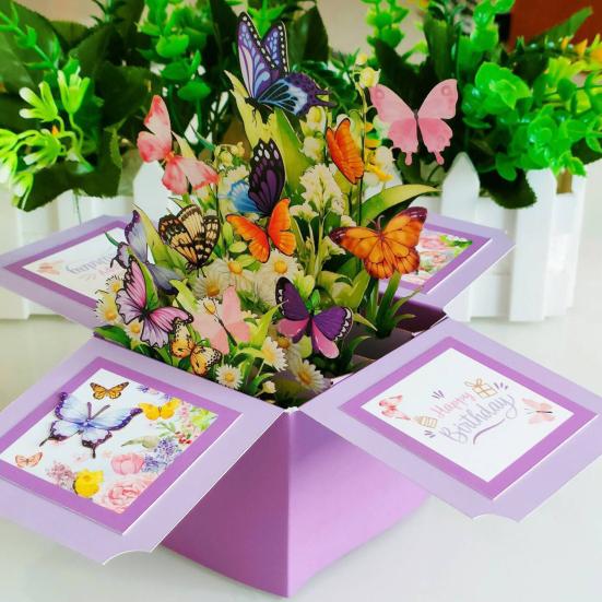 Tarjeta emergente de mariposa, ramo de flores de papel 3D hecho a mano, tarjeta de felicitación emergente para cumpleaños, aniversario, Día de la Madre