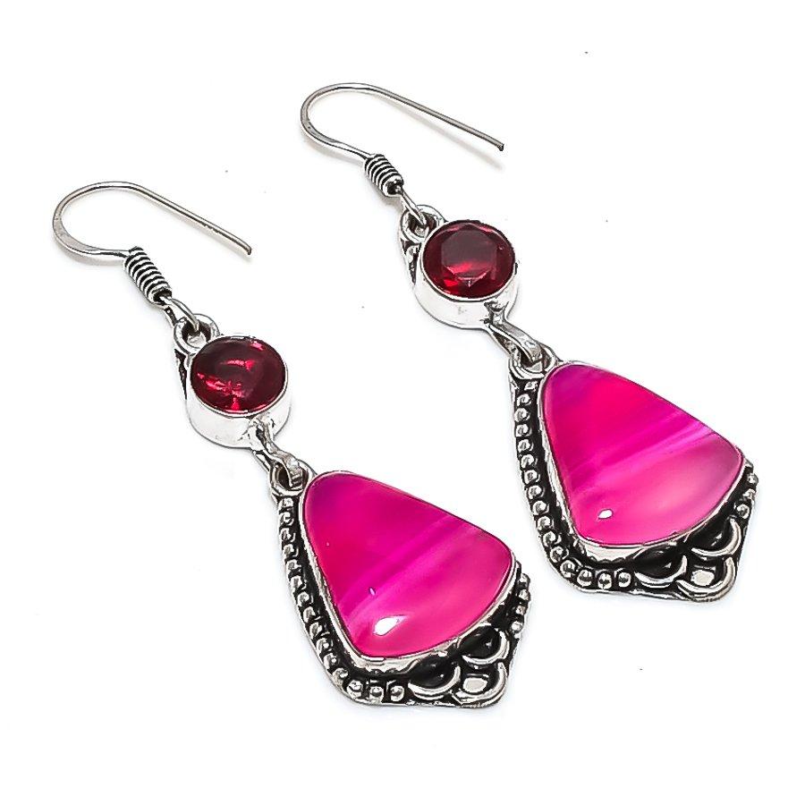 Natural Pink Lace Agate, Garnet 925 Sterling Silver Jewelry Earring 2.40" h5F65