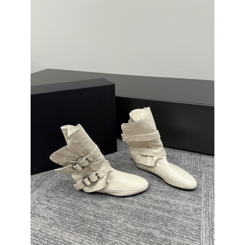 Cowhide Version Retro Belt Buckle White Boxing Boots Women's Leather Thin Inner Heightening Medium Tube Martin Boots Western Short Boots