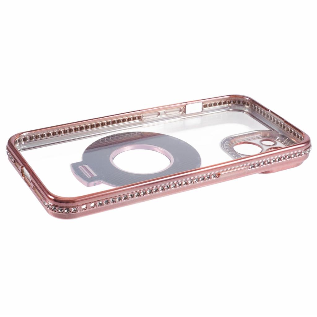 For iPhone 15 Case with Ring Kickstand TPU Anti-dust Rhinestones Decor Protective Cover