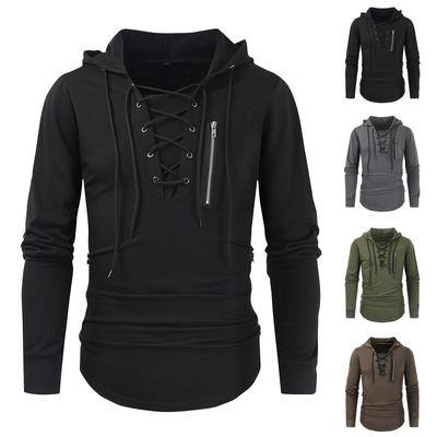 Men's Spring And Autumn Solid Color Lace-up Zip Pocket Sports Streetwear Hooded Sweatshirt