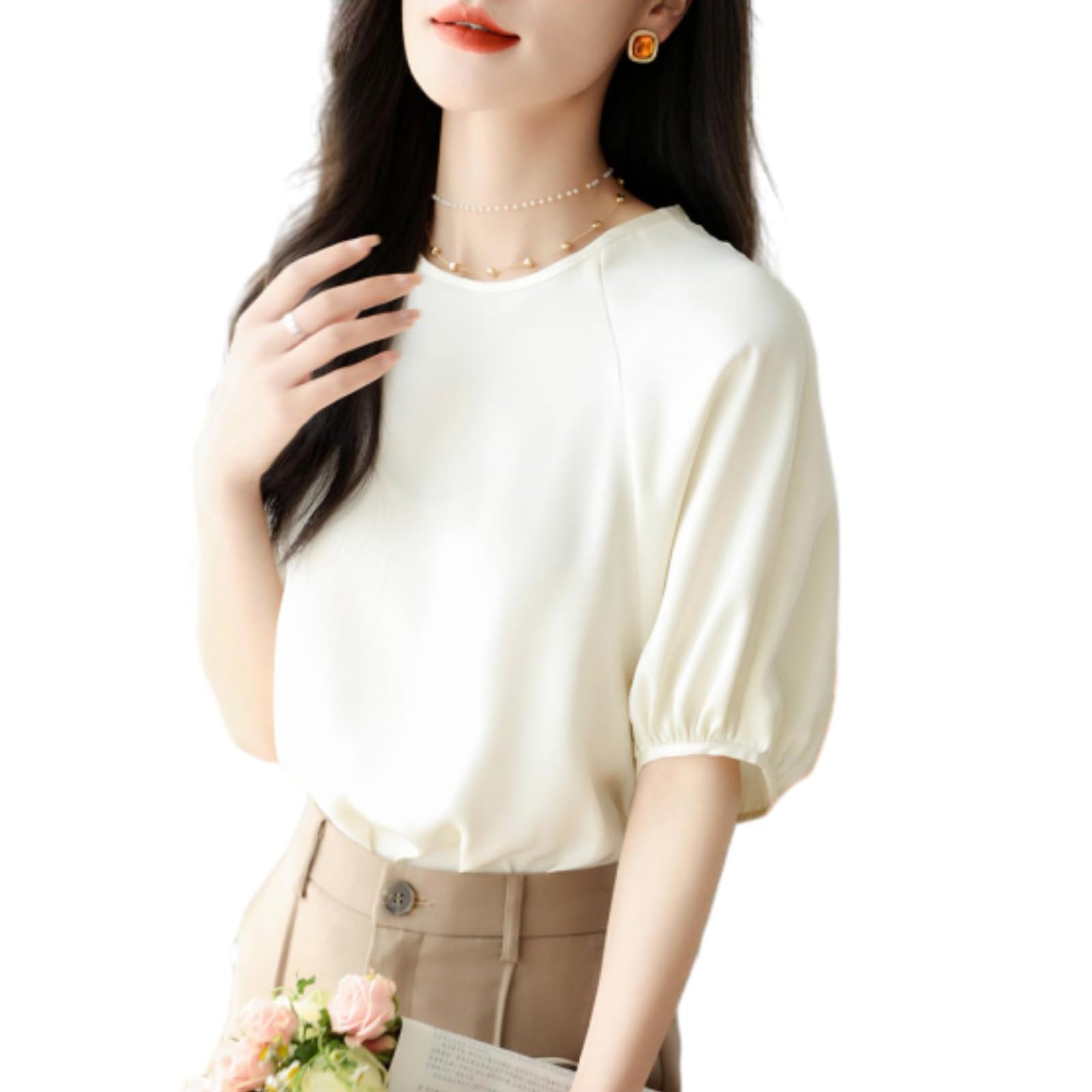 

Chiffon Round Neck Loose Slimming Everyday [MSFQSNB] Women s Blouse, Pullover, Fit, Effect, Versatile, Elegant, Stylish, Cute, Casual, Office, бежевый