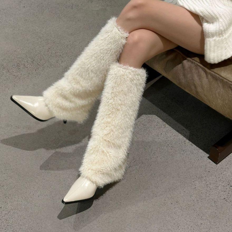 High-value hairy women's long boots 2025 new fashionable and comfortable pointed but knee high-heeled boots children
