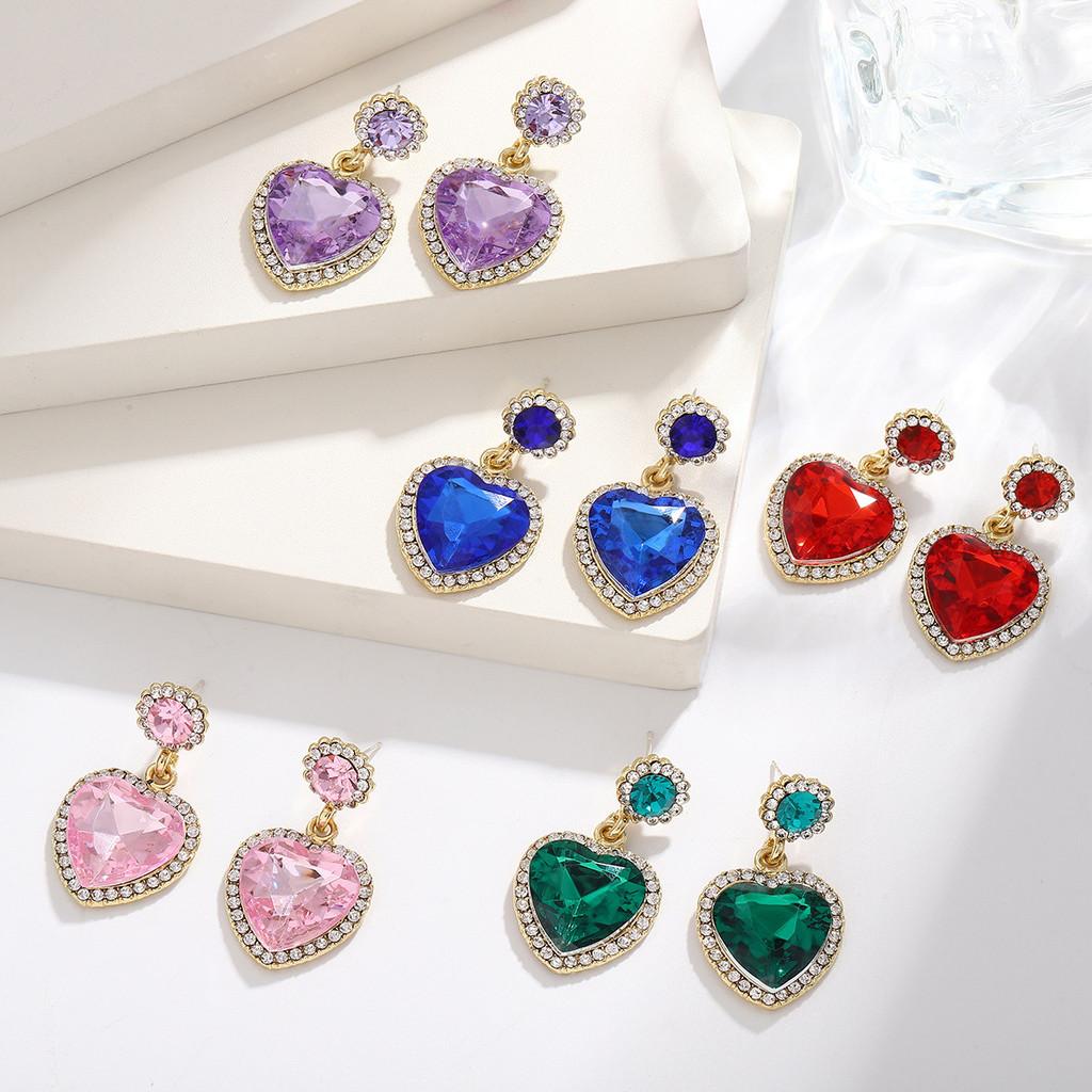 Heart Shape Alloy Earrings With Colorful Crystals For Women Spring Fashion