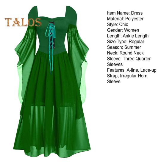 Vinatge Damenkleid, unregelmäßige Hornärmel, einfarbig, A-Linie, großer Saum, schmale Taille, plissierter Schnürriemen, mittelalterliche Halloween-Party, Cosplay-Kostümparty