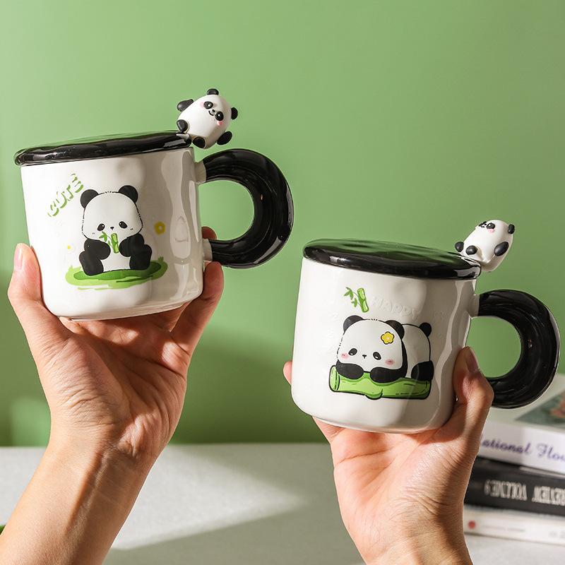 High Value Panda Cup Large Capacity Ceramic Mug with Lid Spoon Couple Home Drinking Water Cup Girls Coffee Cup