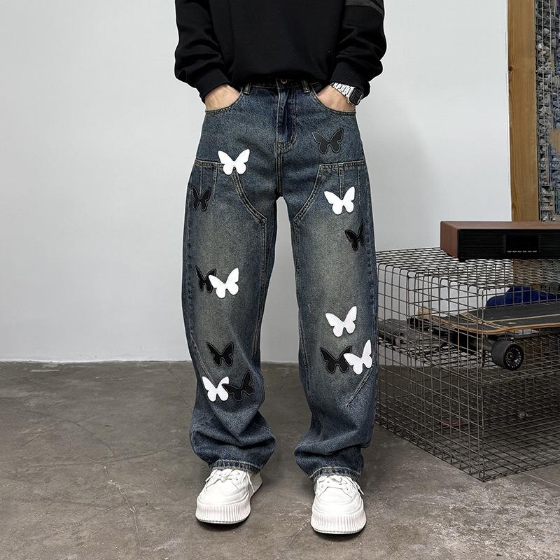 Black and white butterfly design fashion heavy tooling jeans new American retro loose nostalgic denim straight pants