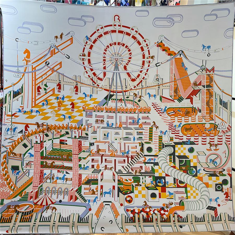 

POBING Silk Cashmere Scarf Women Hand Rolled Horse Playground Print Square Scarves Wraps Bandana Big Hijabs Female Foulard 135CM 135CM x 135CM