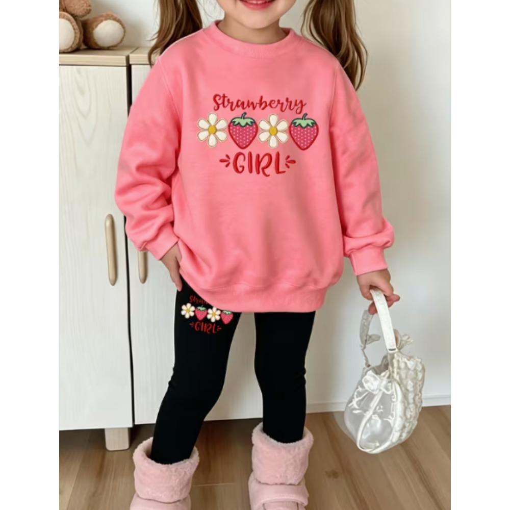 Girls' Berry Daisy Print Casual Comfortable Soft Loose Pullover Sweatshirt and Leggings 2-Piece Set, New Autumn/Winter, Playful, Sweet and Cool Style