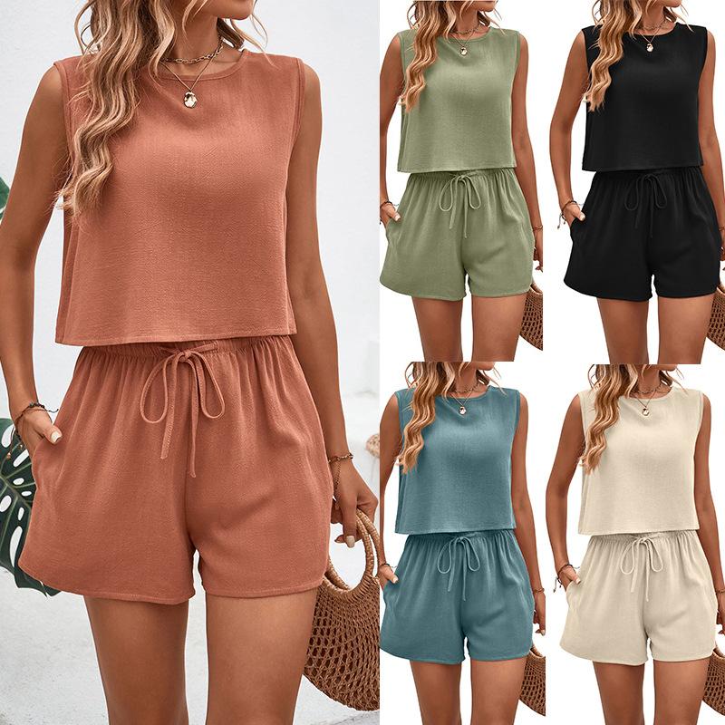 Conjuntos de Pantalones Cortos Casuales Holgados de Color Sólido para Mujer Elegantes de Verano Traje de Dos Piezas para Mujer Conjunto Completo Ropa de Atuendo Femenino