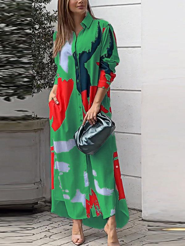 Mode Elegant Langarm Druck Langhemdkleid Lässig Locker Schlitz Revers Büro A-Linie Partykleider Taschen Frühling Herbst Einfache Kleidung