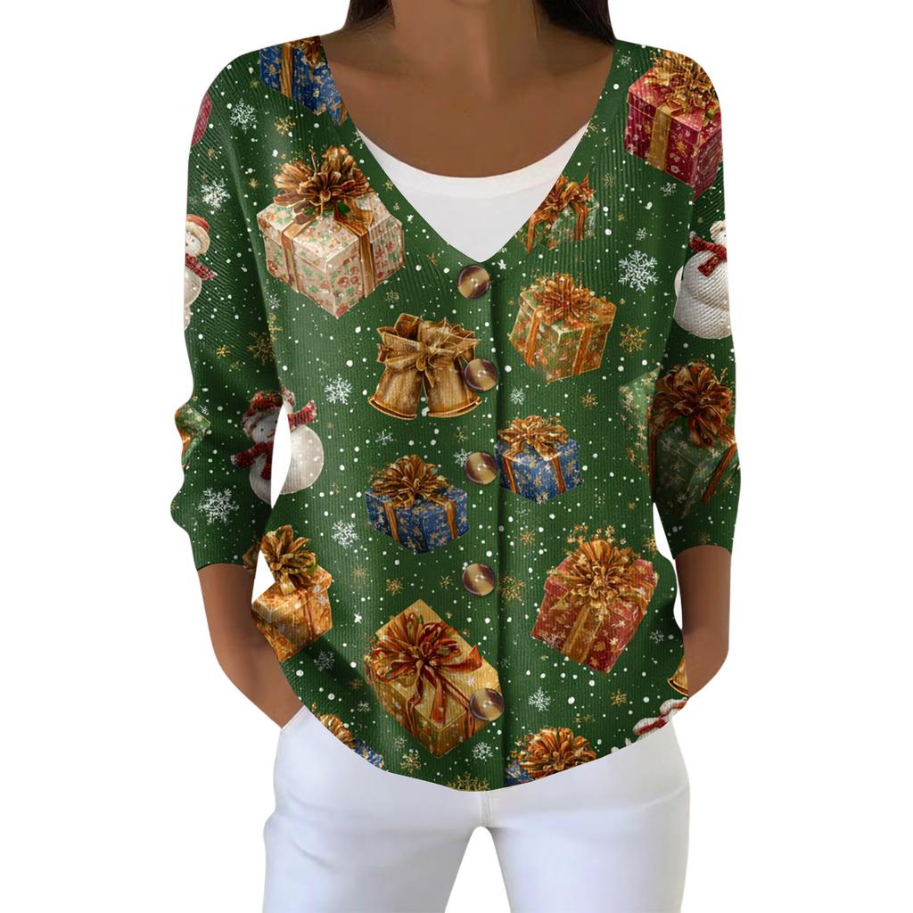 Women's Fashion Long Sleeve Christmas Snowman Snowflake Print Jacket Cardigan