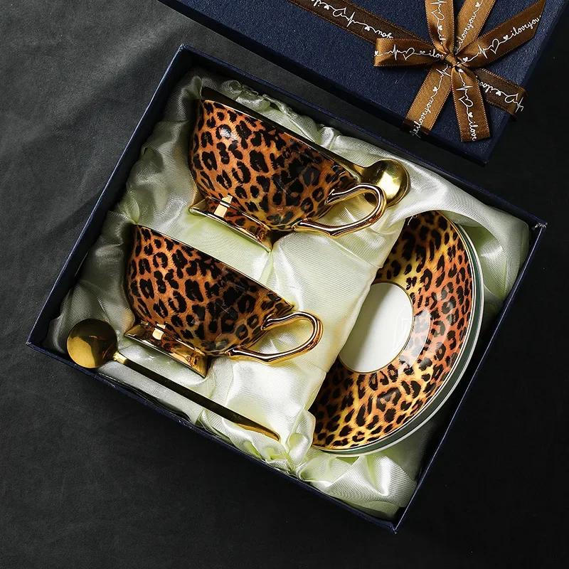 Retro Leopard Print Ceramic Coffee Cup and Dish Set Afternoon Tea Cups Breakfast Cup Water Cups Milk Mug Milk Tea Mug Teacup