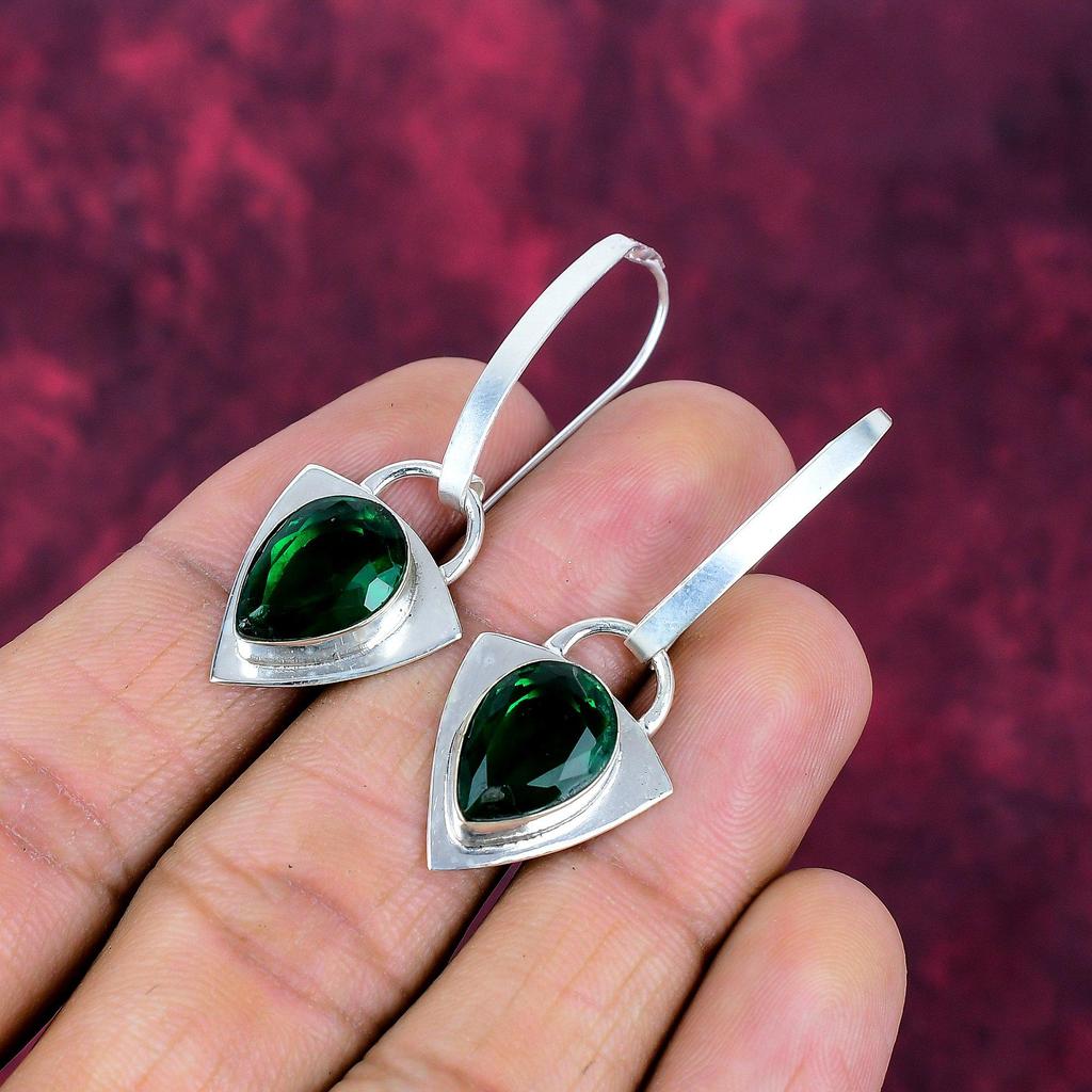 Chrome Diopside Handmade Gemstone Earrings, 925 Solid Sterling Silver Earrings, Unique Design Jewelry Earrings