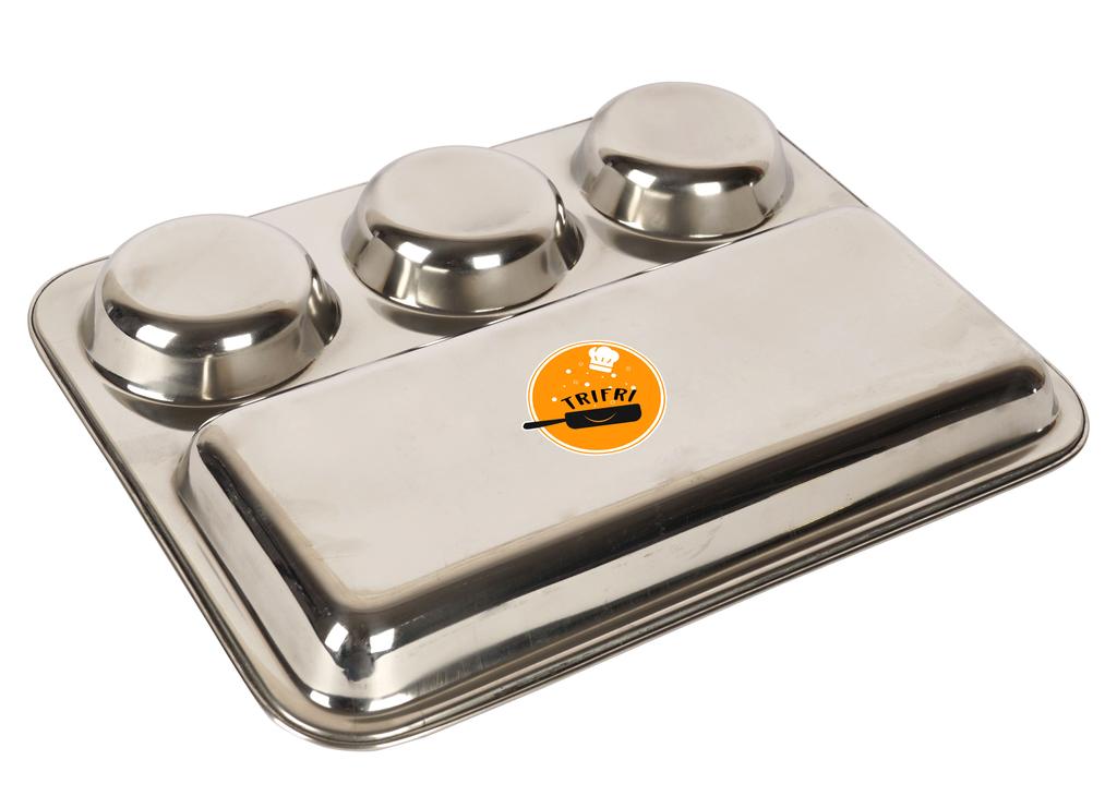 Trifri Stainless Steel Dinner Plate Heavy Weight Indian Dinner Thali 4 Compartment Plate Thali For Camping, Picnics- School